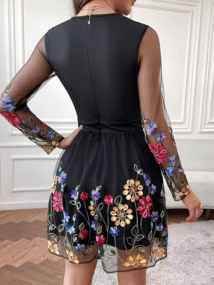 Allegra K Floral Embroidered Mesh Long Sleeve Mini Dress