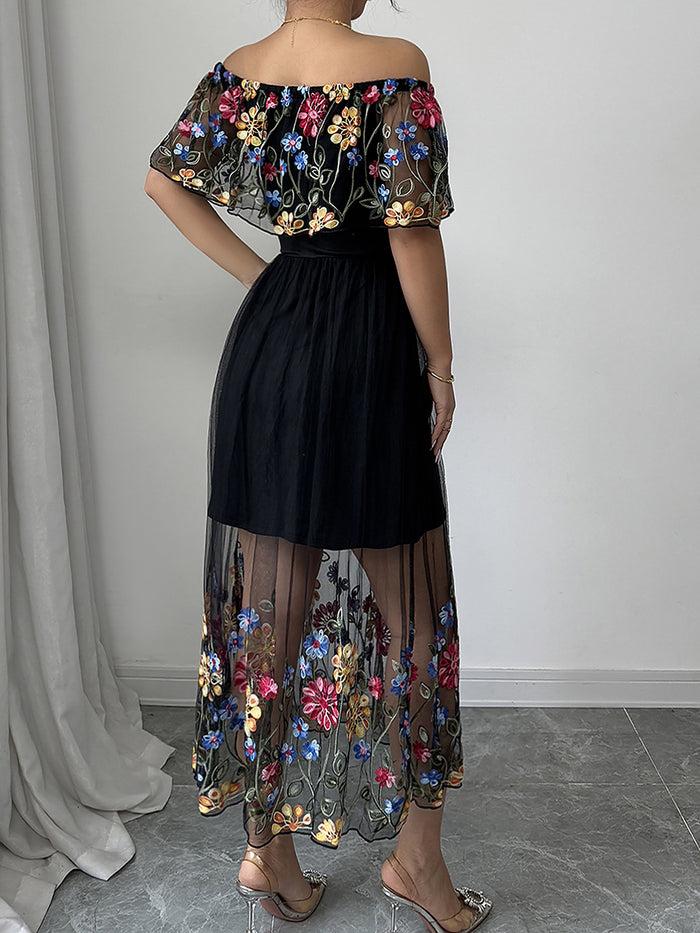 Allegra K Floral Embroidered Mesh Off Shoulder Midi Dress