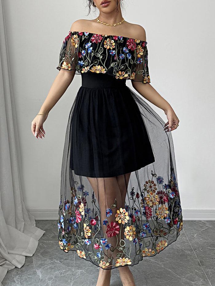 Allegra K Floral Embroidered Mesh Off Shoulder Midi Dress