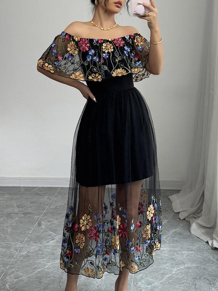 Allegra K Floral Embroidered Mesh Off Shoulder Midi Dress