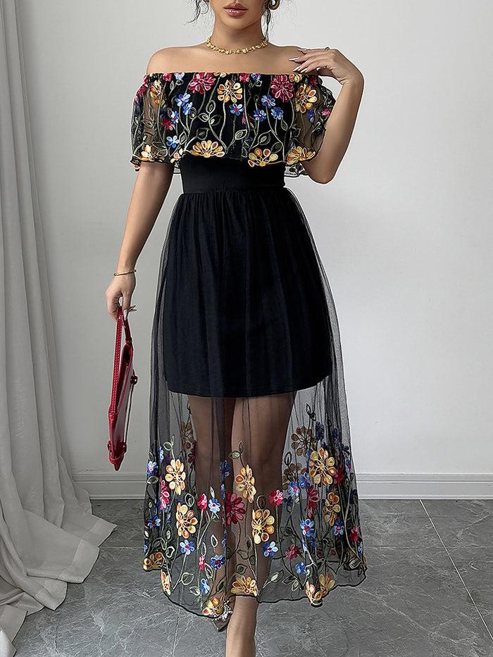 allegra k Floral Embroidered Mesh Off Shoulder Midi Dress