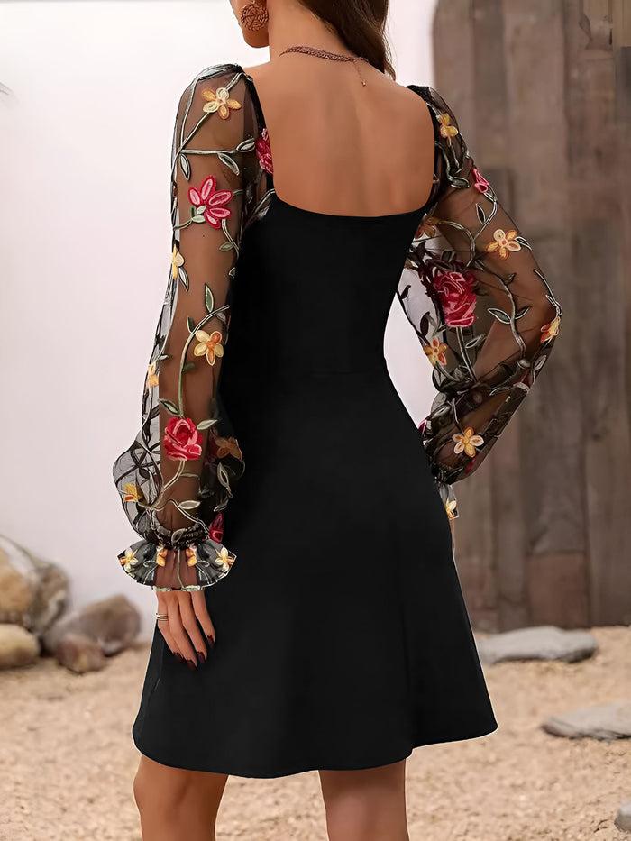 Allegra K Floral Embroidered Mesh Square Neck Long Sleeve Dress