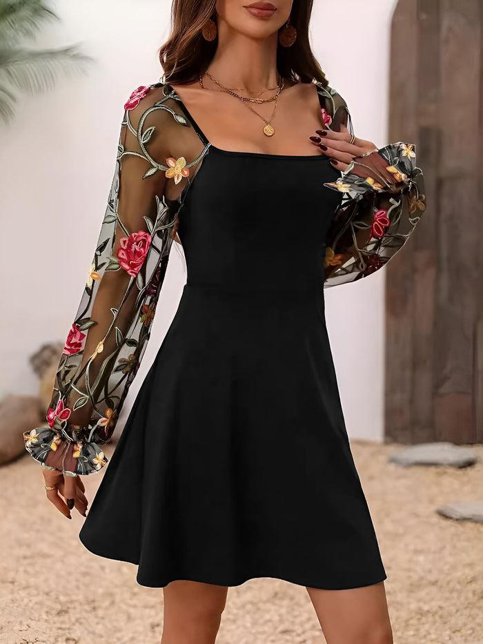 allegra k Floral Embroidered Mesh Square Neck Long Sleeve Dress