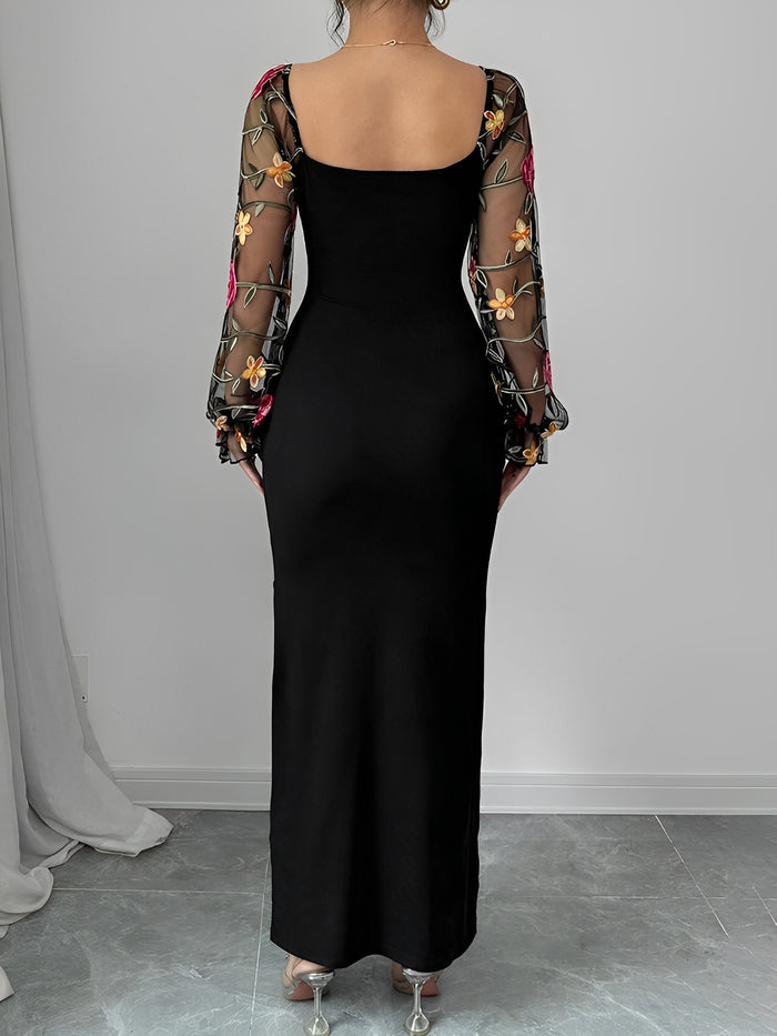 Allegra K Floral Embroidery Sheer Long Sleeves Maxi Dress