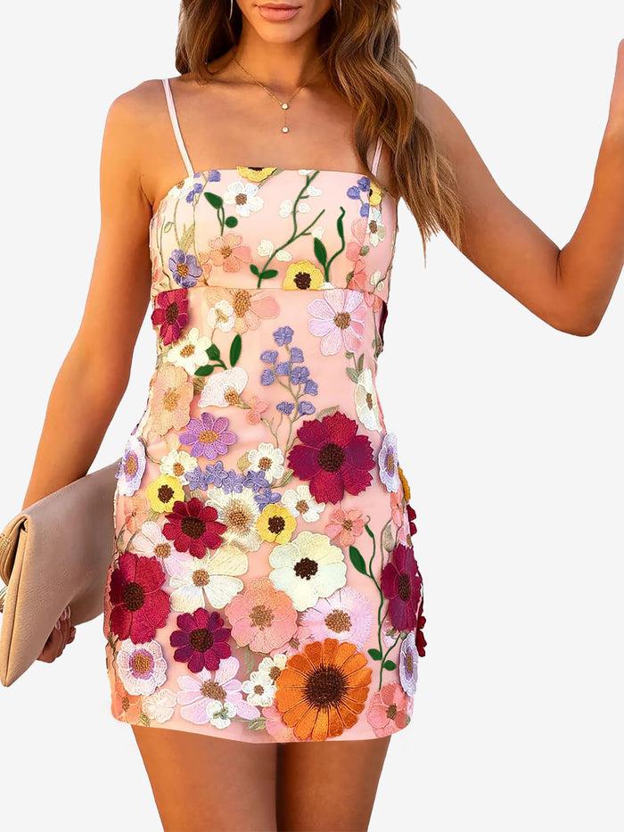 Allegra K Floral Embroidery Spaghetti Strap Mini Dress