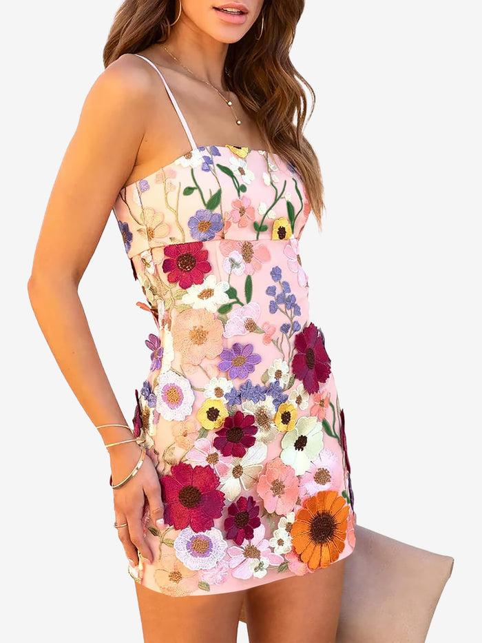 Allegra K Floral Embroidery Spaghetti Strap Mini Dress