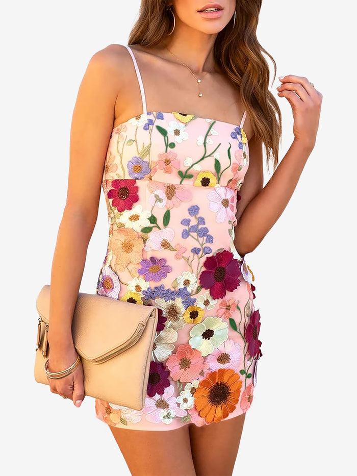allegra k Floral Embroidery Spaghetti Strap Mini Dress