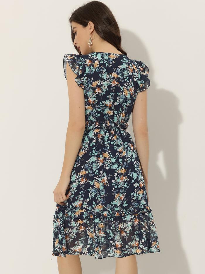Allegra K Floral Flutter Sleeve V Neck Smocked Ruffle Dress