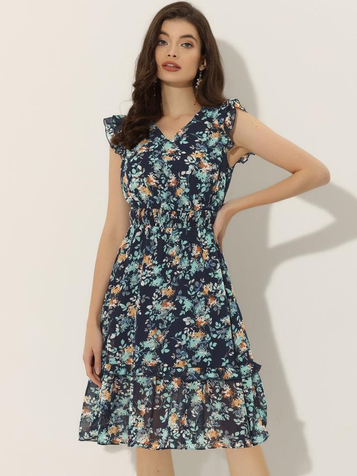 allegra k Floral Flutter Sleeve V Neck Smocked Ruffle Dress