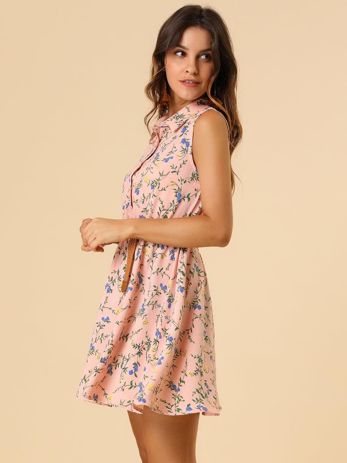 Allegra K Floral Half Placket Above Knee Sleeveless Belted Mini Dress