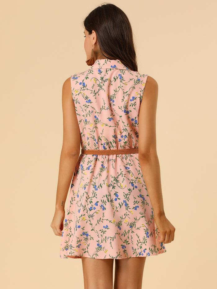Allegra K Floral Half Placket Above Knee Sleeveless Belted Mini Dress