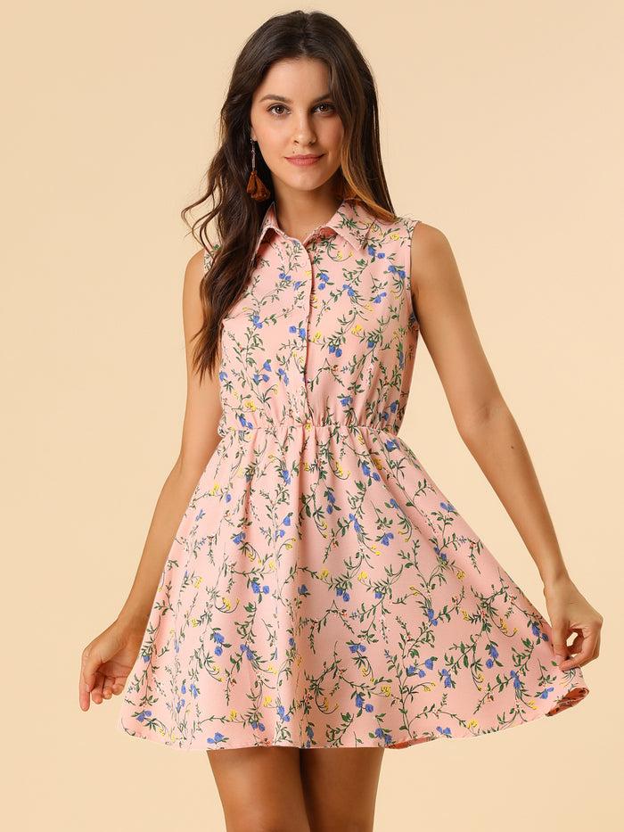 Allegra K Floral Half Placket Above Knee Sleeveless Belted Mini Dress