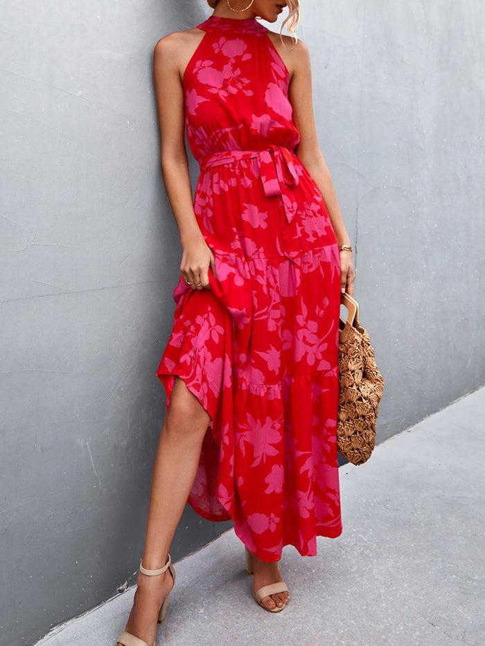 Allegra K Floral Halter Sleeveless Tiered Maxi Dress