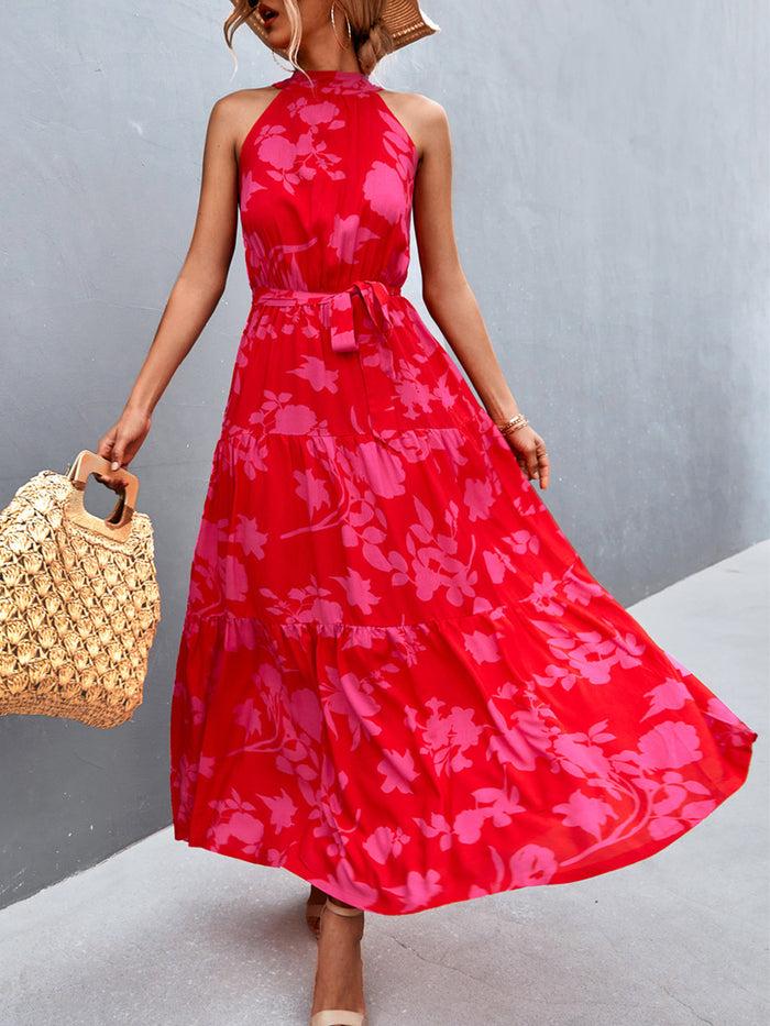 Allegra K Floral Halter Sleeveless Tiered Maxi Dress