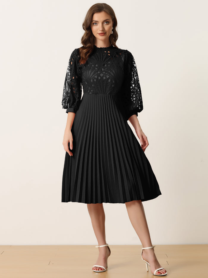 Allegra K Floral Lace 3/4 Sleeve Belted Panel A-Line Pleated Dress
