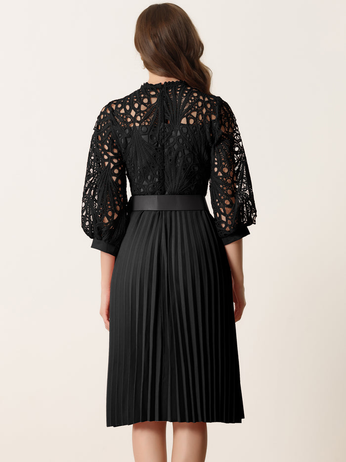 Allegra K Floral Lace 3/4 Sleeve Belted Panel A-Line Pleated Dress