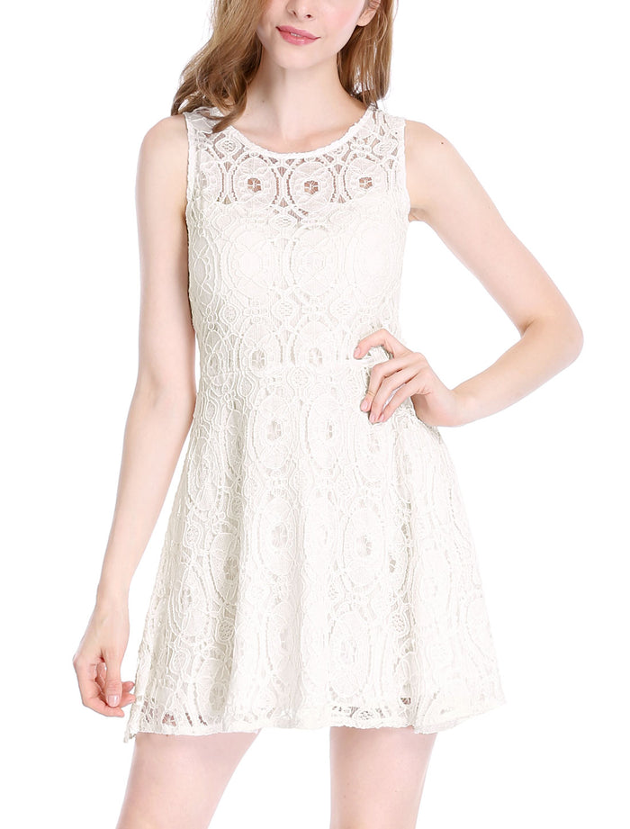 Allegra K Floral Lace Sleeveless Crew Neck Flare A-Line Mini Dress