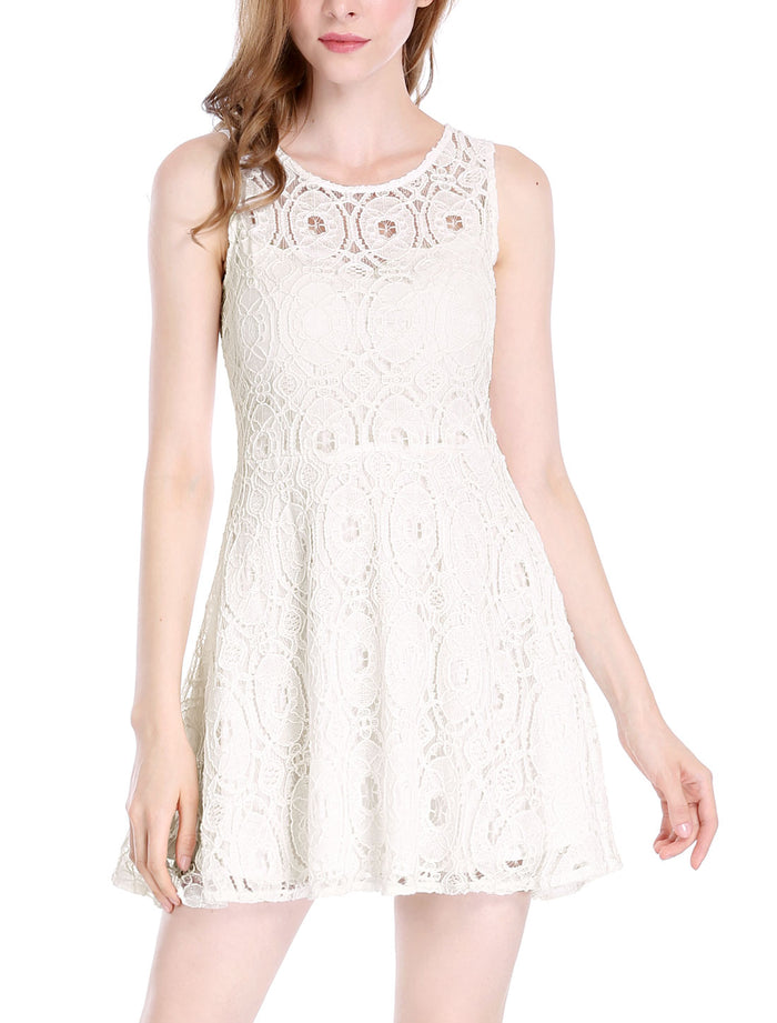allegra k Floral Lace Sleeveless Crew Neck Flare A-Line Mini Dress