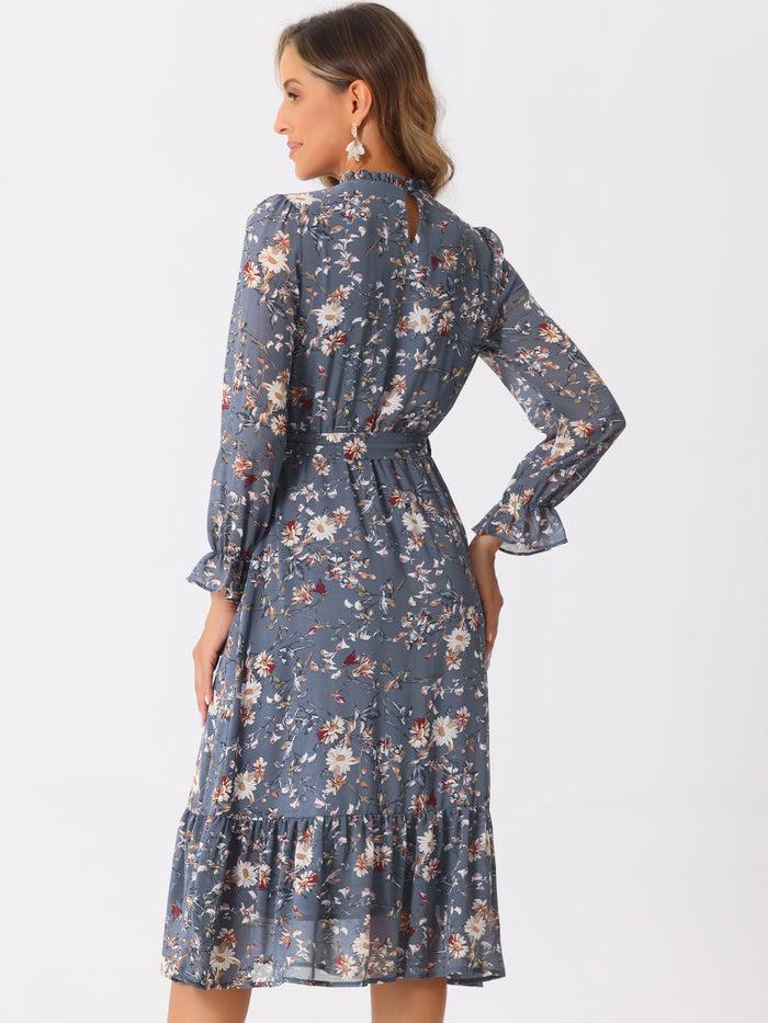 Allegra K Floral Long Sleeve Belted Flowy Chiffon Midi Dress