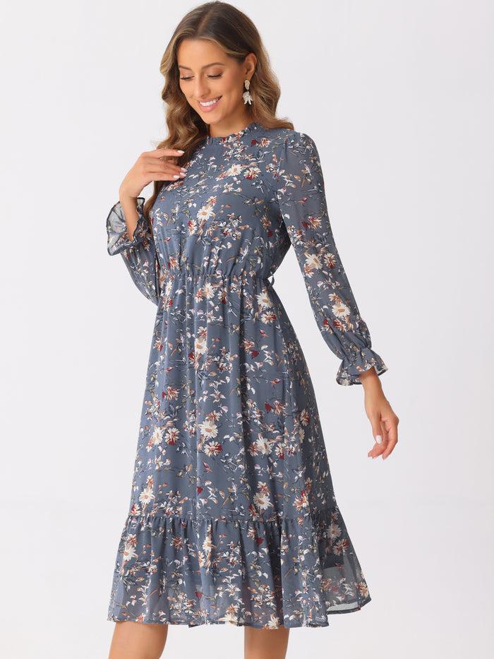 Allegra K Floral Long Sleeve Belted Flowy Chiffon Midi Dress