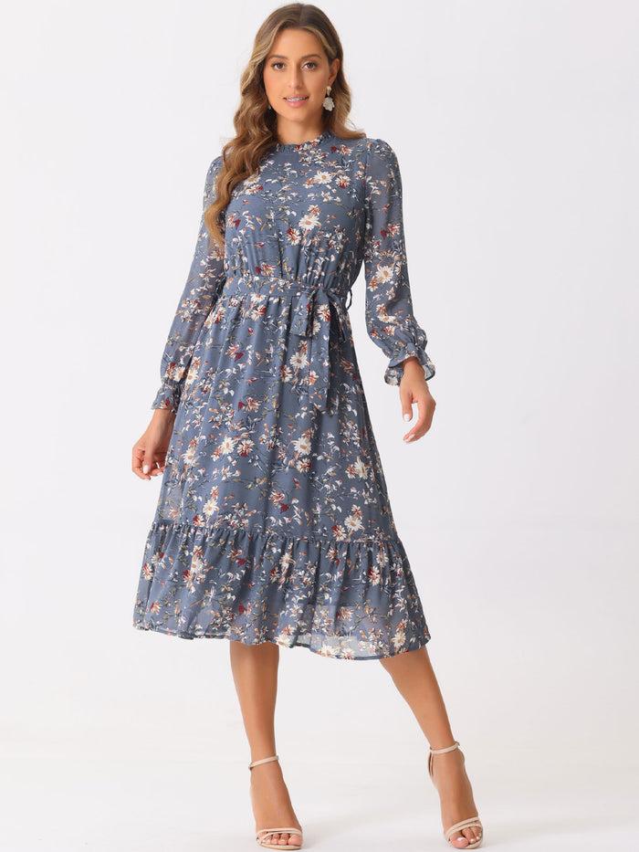 allegra k Floral Long Sleeve Belted Flowy Chiffon Midi Dress