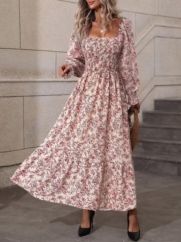 Allegra K Floral Long Sleeve Square Neck Smocked Maxi Dress