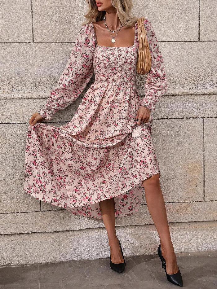 Allegra K Floral Long Sleeve Square Neck Smocked Maxi Dress
