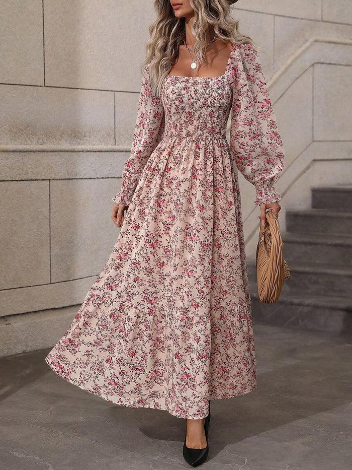 allegra k Floral Long Sleeve Square Neck Smocked Maxi Dress