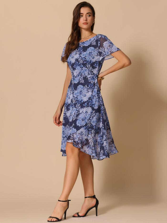 Allegra K Floral Midi High Low Hem Tie Waist Flowy Chiffon Dress