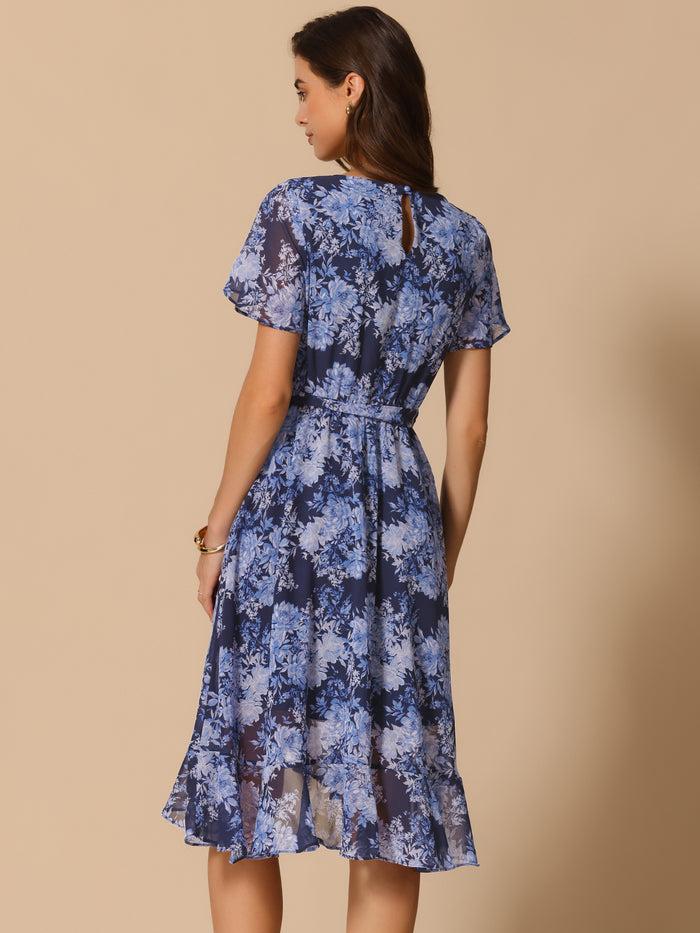 Allegra K Floral Midi High Low Hem Tie Waist Flowy Chiffon Dress
