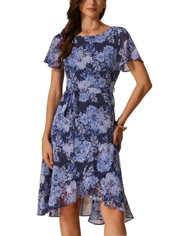 Allegra K Floral Midi High Low Hem Tie Waist Flowy Chiffon Dress