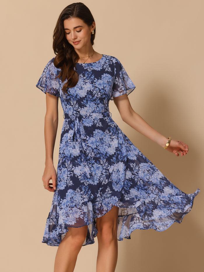 allegra k Floral Midi High Low Hem Tie Waist Flowy Chiffon Dress