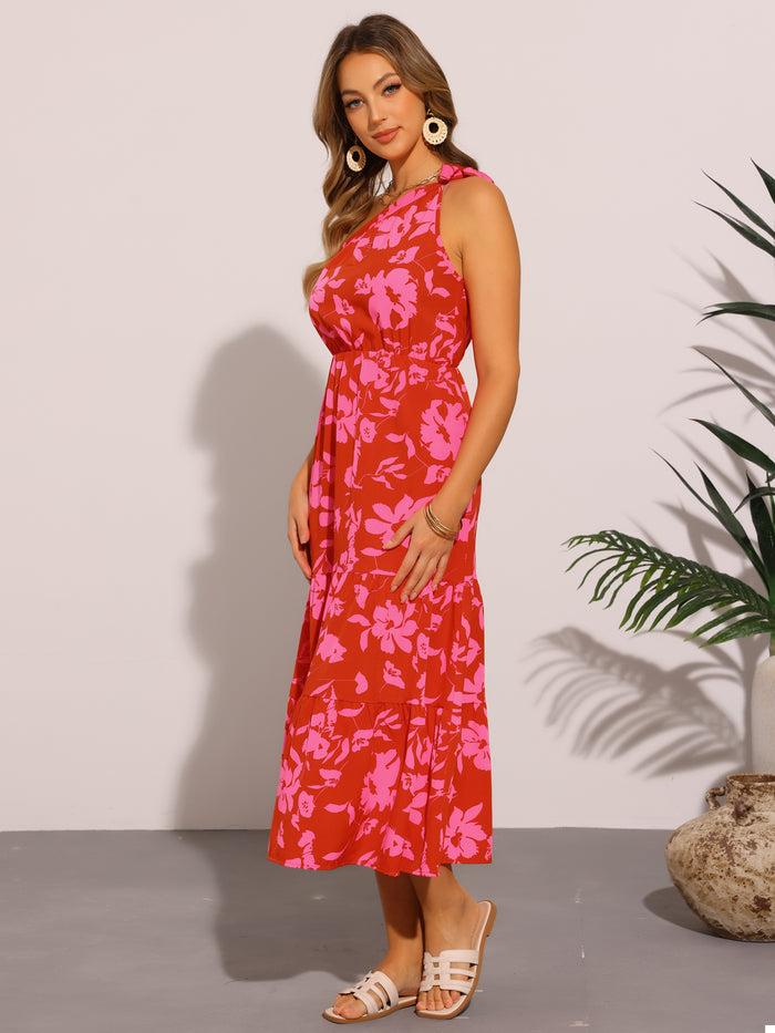 Allegra K Floral Midi One Shoulder Sleeveless Tiered Dress Sundress