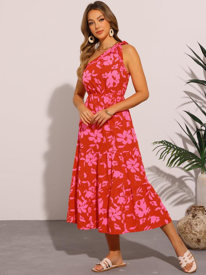 allegra k Floral Midi One Shoulder Sleeveless Tiered Dress Sundress