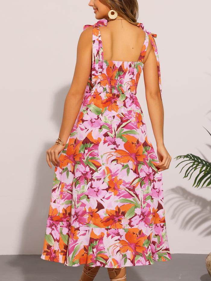 Allegra K Floral Midi Side Slit Tie Straps Sleeveless Dress
