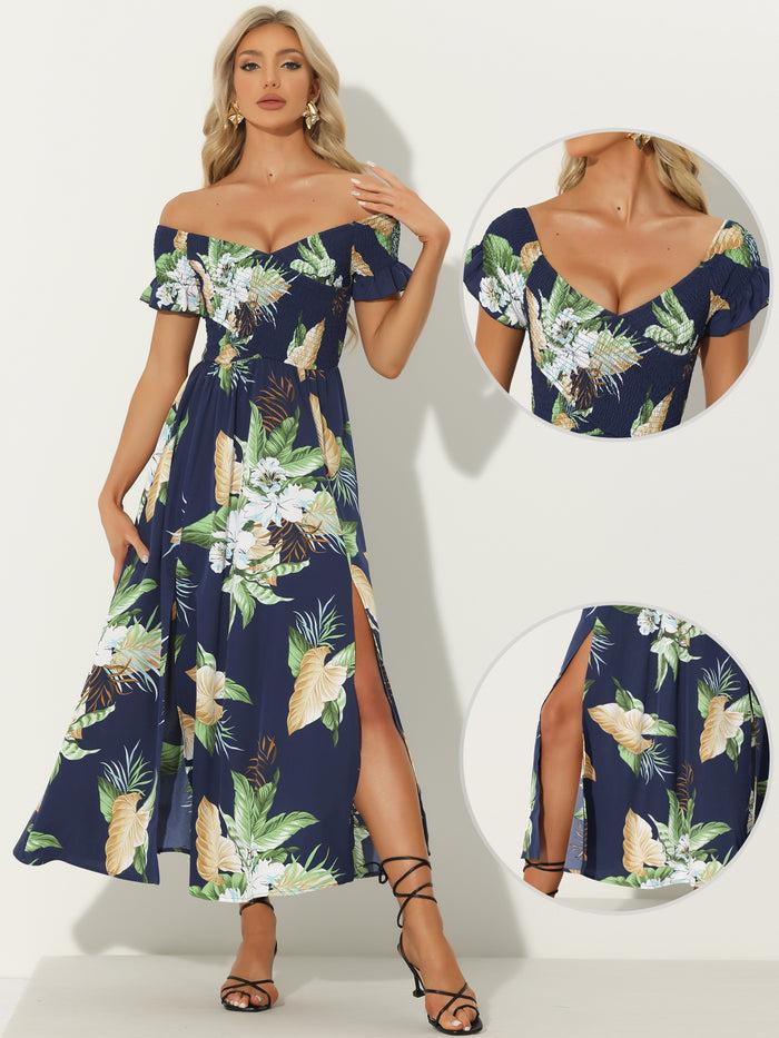 Allegra K Floral Off Shoulder Midi Beach Summer Vacation Dress