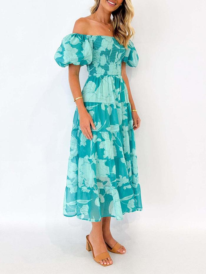 Allegra K Floral Off Shoulder Smocked Tiered Midi Dress