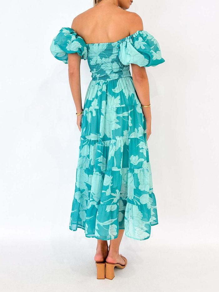 Allegra K Floral Off Shoulder Smocked Tiered Midi Dress