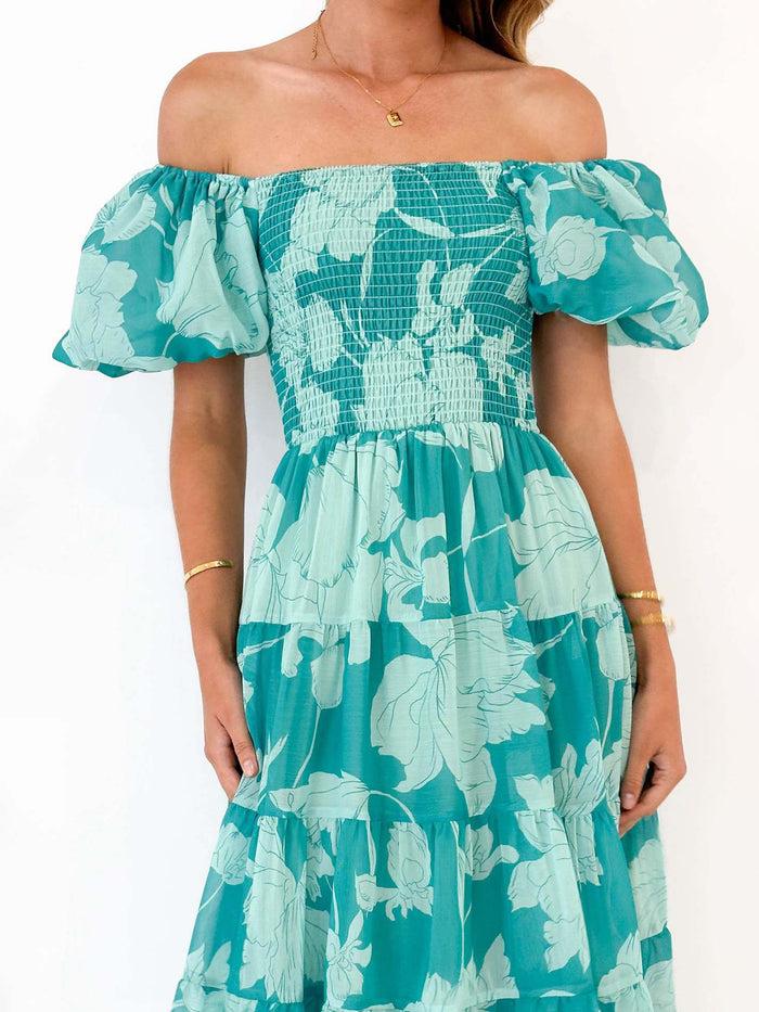 Allegra K Floral Off Shoulder Smocked Tiered Midi Dress