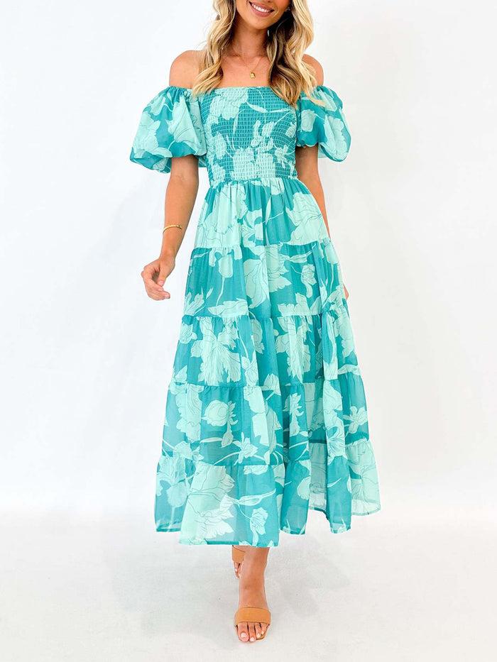 allegra k Floral Off Shoulder Smocked Tiered Midi Dress