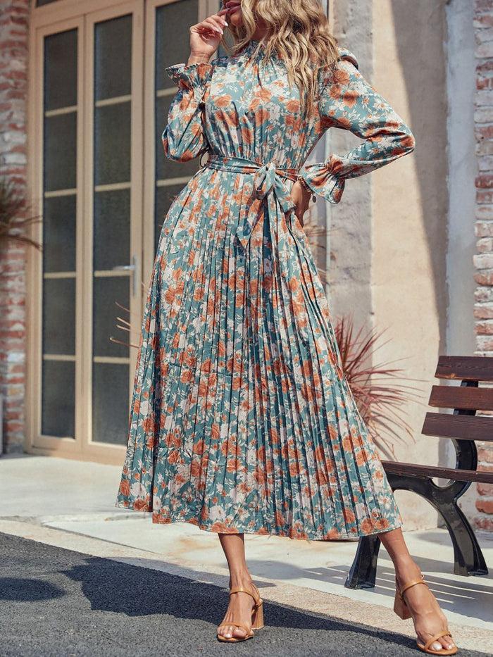 Allegra K Floral Pleated Long Sleeves Belted Midi Dress