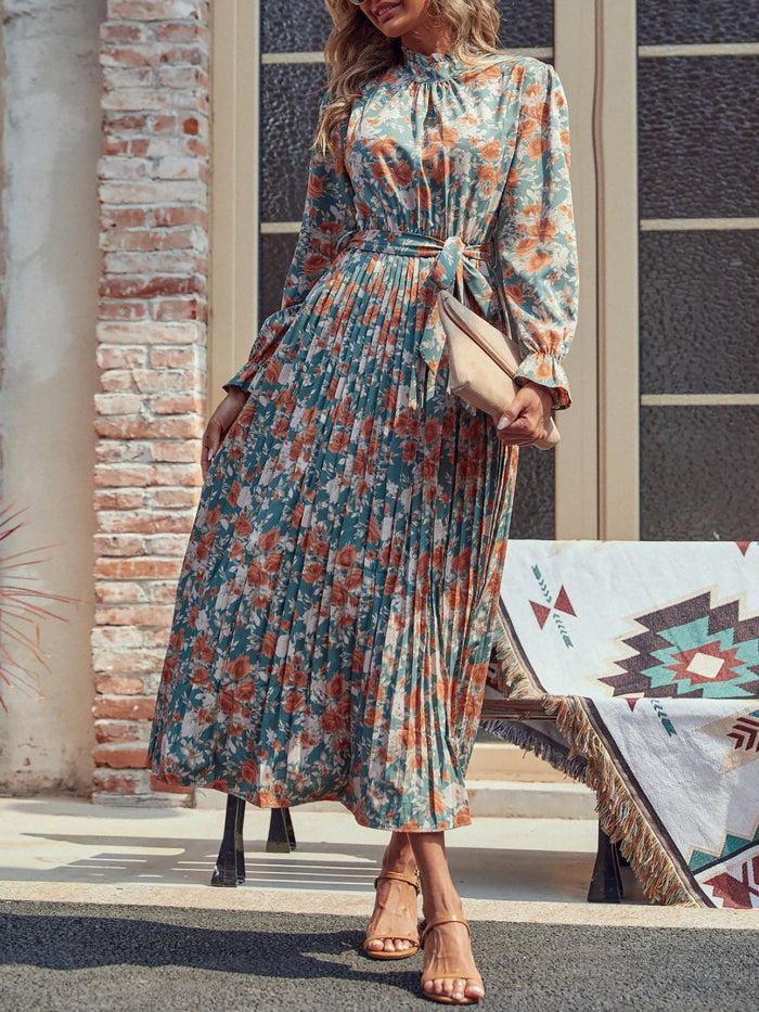 Allegra K Floral Pleated Long Sleeves Belted Midi Dress
