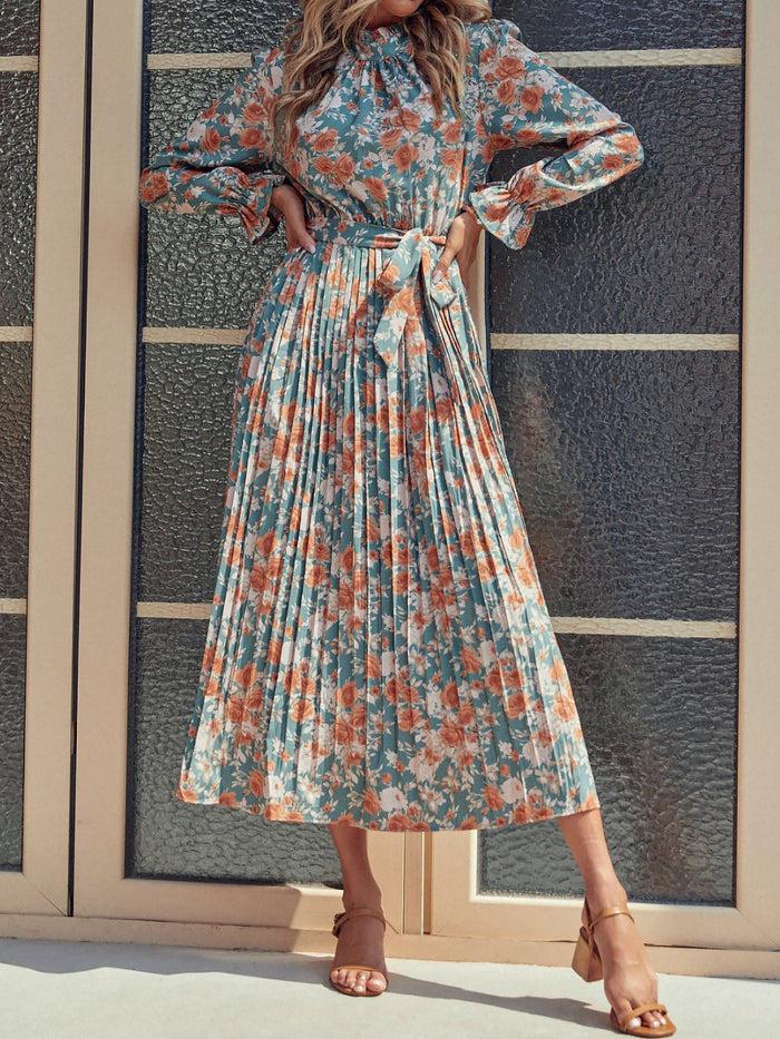 Allegra K Floral Pleated Long Sleeves Belted Midi Dress