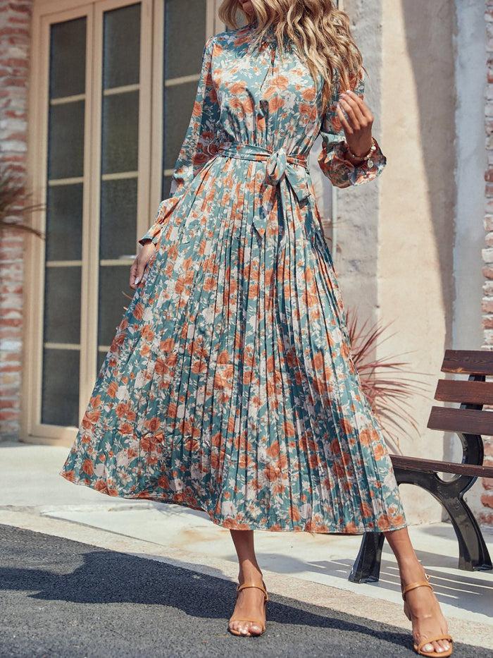 allegra k Floral Pleated Long Sleeves Belted Midi Dress