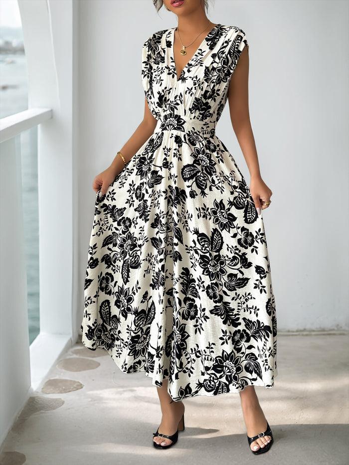 Allegra K Floral Pleated V Neck Cap Sleeves Midi Dress