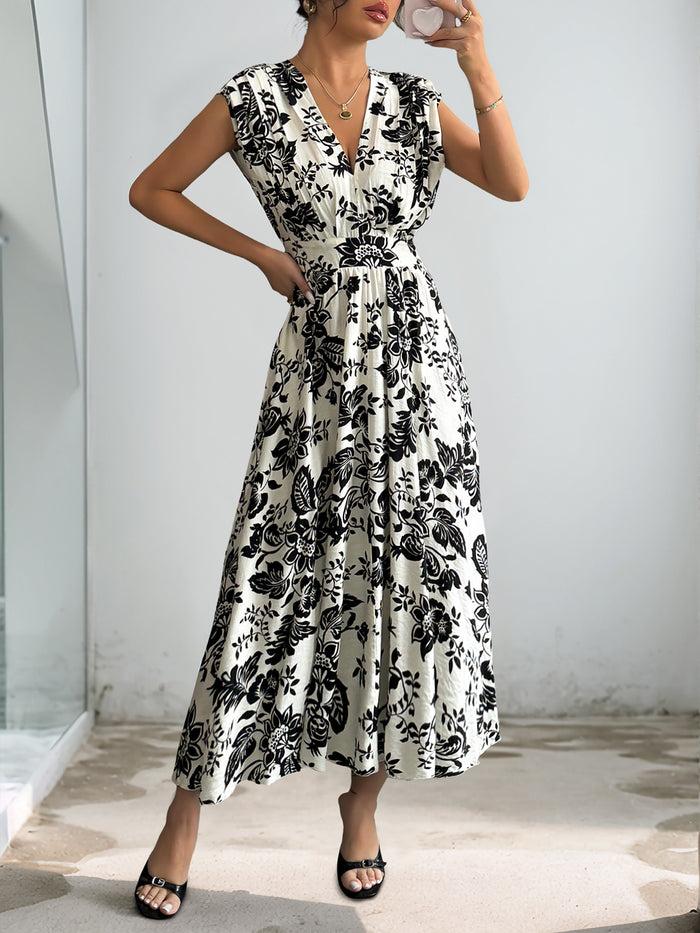 Allegra K Floral Pleated V Neck Cap Sleeves Midi Dress
