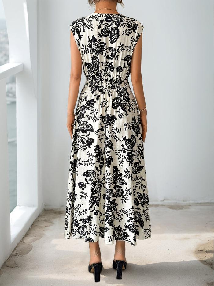 Allegra K Floral Pleated V Neck Cap Sleeves Midi Dress