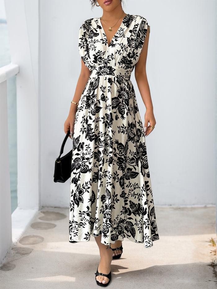 allegra k Floral Pleated V Neck Cap Sleeves Midi Dress