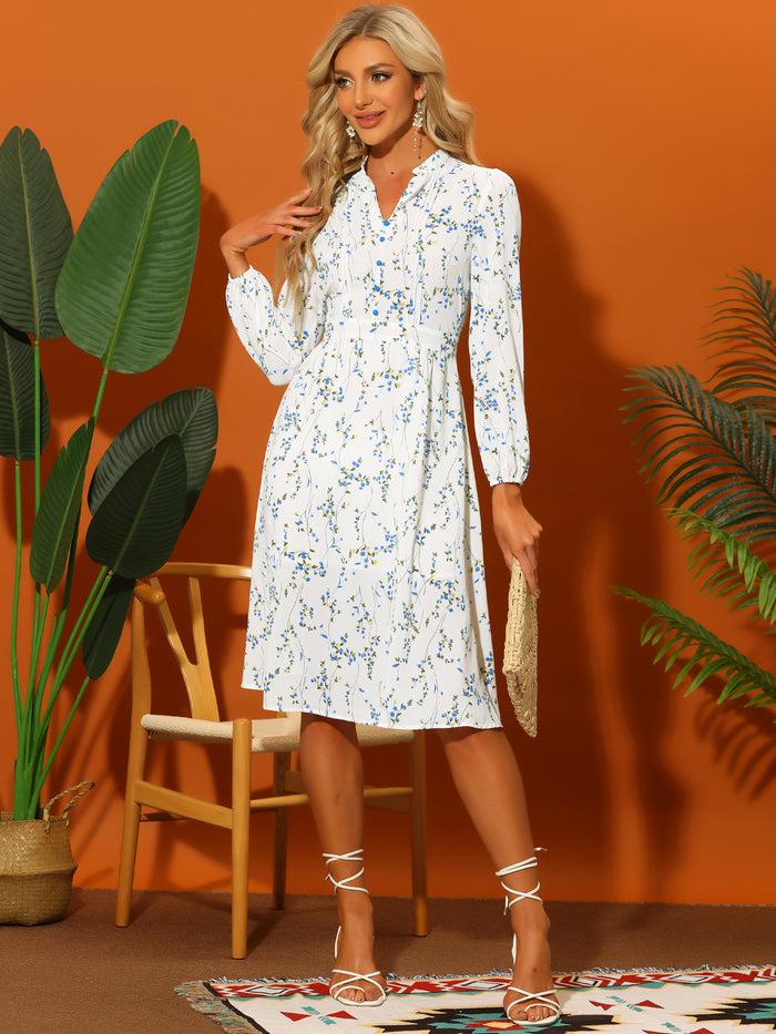 Allegra K Floral Print Long Sleeve Spring Flowy Midi Boho Dress