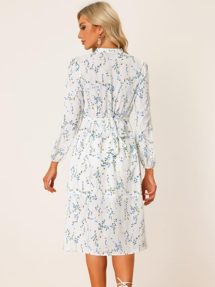Allegra K Floral Print Long Sleeve Spring Flowy Midi Boho Dress